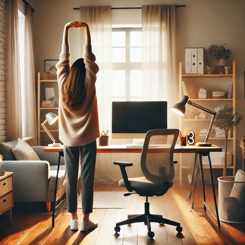 Professional performing a seated shoulder roll exercise at a modern desk workspace